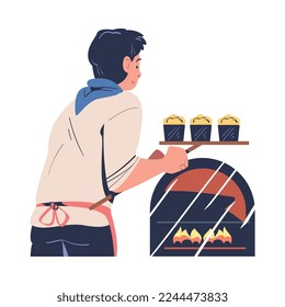 Man Baker in Apron Putting Dough in Hot Oven Vector Illustration