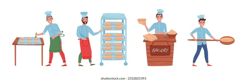 Man Baker Character in Apron and Toque Baking Bread and Pastry Vector Set