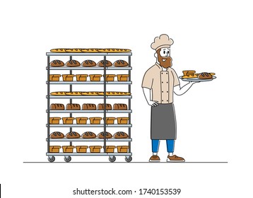 Man Baker Character in Sterile Uniform and Hat Holding Tray with Various Fresh Hot Baked Bread Loafs Just Taken from Oven. Bakery and Baked Food Production and Manufacture. Linear Vector Illustration