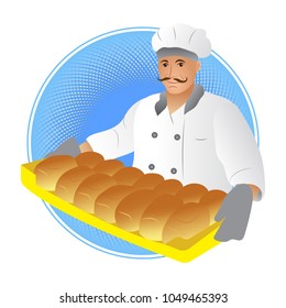Man baker with a mustache and bread. Bread icons. Vector illustration.
