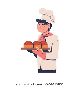 Man Baker in Toque Holding Hot Bread Loaf on Tray with Potholder Vector Illustration