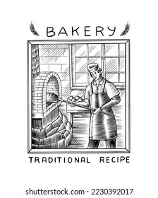 Man baker in uniform cooking bread in the oven. Engraved hand drawn in old sketch and vintage style for label, logo and menu, bakery shop.