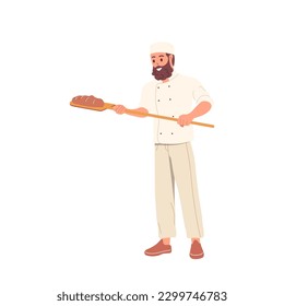 Man baker in uniform holding wooden shovel with fresh baked bread standing isolated on white