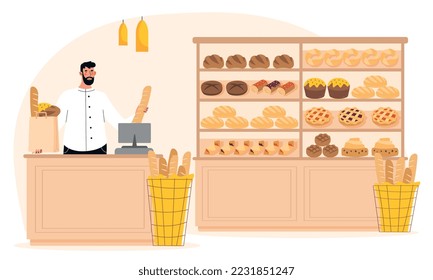 Der Mann in der Bäckerei Konzept. Junge Junge steht hinter dem Theke mit Mehlprodukten, Besitzer von Kleinunternehmen, Laden oder Café. Werbeplakat oder Banner für Website, Marketing. Cartoon-Flavektor-Vektorgrafik