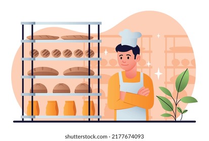 Man with bakery proucts. Character sells bread and loaves, flour products. Small business owner or salesman at checkout with merchandise. Showcase full goods. Cartoon flat vector illustration