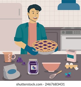 Man baking blackberry pie in the kitchen