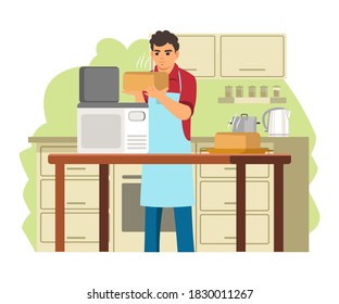 Man Baking Bread At Home. Guy Cooking Loafs Of Bread And Putting On Table At House Kitchen. Homemade Summer Products For Storage Vector Illustration. Kitchen Interior Design.