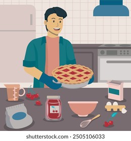 Man baking cherry pie in the kitchen illustration