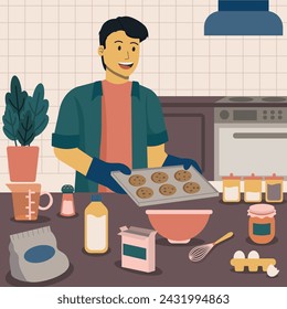 Man baking cookies in the kitchen illustration