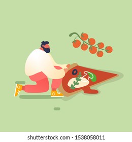 Man Baking and Eating Huge Pizza. Take Piece of Tasty Italian Food. Fast Food, Cafe, Bistro Visitors. Cartoon Vector Illustration