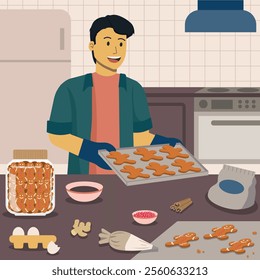 Man baking gingerbread man cookies in the kitchen. Christmas themed illustration.