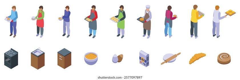 Man baking icons set. Bakers working, holding trays of baked goods, ingredients, and kitchen equipment