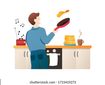 Man baking pancakes vector cartoon character. Guy making dinner isolated on white. Male chef cooking in kitchen vector illustration in flat style. Stay home hobbies concept