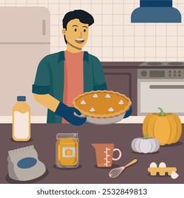 Man baking pumpkin pie in the kitchen illustration