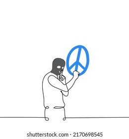 man in a balaclava draws a peace sign on the wall - one line drawing vector. concept of vandalism, graffiti, artist against war