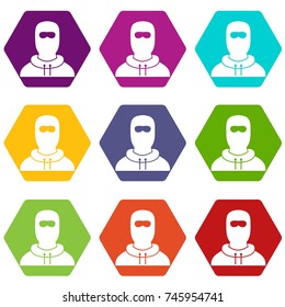 Man in balaclava icon set many color hexahedron isolated on white vector illustration