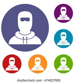 Man in balaclava icons set in flat circle reb, blue and green color for web