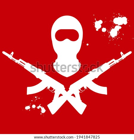 Man in balaclava ski mask and two crossed guns, symbol of terrorism, vector