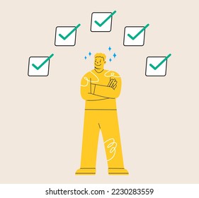 Man in balance, control in complete done.  Skills and effective attitude with learning and self development. Colorful vector illustration 

