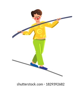 Man Balance Stick Balancing On Tightrope Vector. Young Boy Cord Walker Holding Balance Stick Walking On Rope. Character Acrobatic Circus Worker Performer Guy Flat Cartoon Illustration