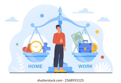 Man with balance work and life concept. Young guy near scales with time and money. Businessman and entrepreneur. Choose between family and career. Cartoon flat vector illustration