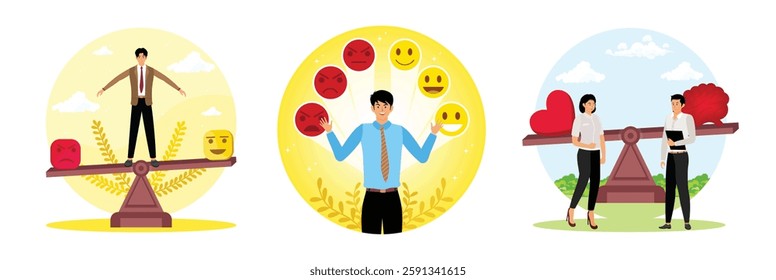 Man balanced on scales with bad and good emotions. A professional businessman surrounded by happy and angry emoticons. Symbolizing the balance of emotions and logic in reasoning. 