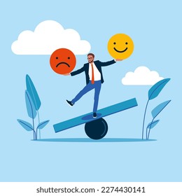 Man balances good and bad mood on the scales. Emotional balance. Modern vector illustration in flat style