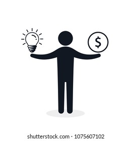 Man balances Light Bulb Idea and Money concept. Vector flat design business illustration.
