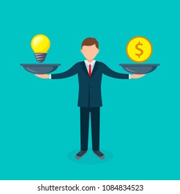 Man balances Light Bulb Idea vs Money on scales concept. Vector flat design business illustration.