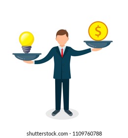 Man balances Light Bulb Idea vs Money on scales concept. Vector flat business illustration.