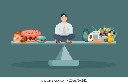 A man balances on the scales between healthy and unhealthy food. The concept of a healthy lifestyle. Healthy eating. You are what you eat. Vector illustration in cartoon style