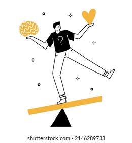 Man Balancing Between Brain And Heart On Big Scale. Emotions Vs Mind. Vector Concept Linear Doodle Hand Drawn Illustration. Black And Yellow On White