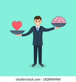 Man balancing between heart and brain illustration. Vector conceptual illustration.