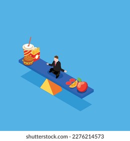 Man balancing between junk food and healthy food 3d isometric vector illustration concept for banner, website, landing page, ads, flyer template