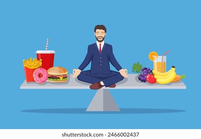 El hombre equilibra la comida chatarra y la comida sana. Concepto de estilo de vida saludable. Ilustración vectorial en estilo plano