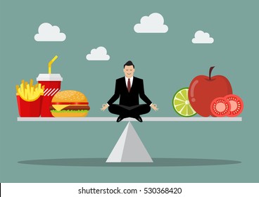 Man balancing between junk food and healthy food. Healthy lifestyle concept