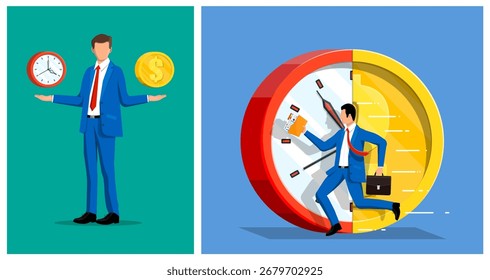 Hombre que equilibra el reloj y la moneda de oro, y otro hombre que corre en una esfera de reloj en un concepto de gestión del tiempo y eficacia con Imágenes duales para los negocios.