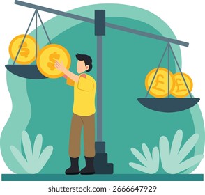Man balancing currency exchange rate illustration