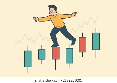 Man balancing on candlestick chart bars, symbolizing navigating the ups and downs of the stock market