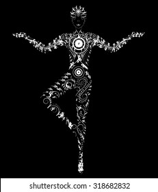  man balancing on the leg and decorating in ornaments, india yoga pattern on black background, vector, black and white