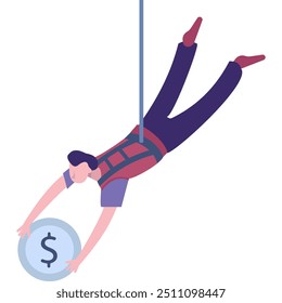 Man balancing on rope hold money coin vector icon