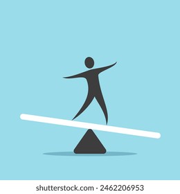 Man balancing on seesaw weight scale. Challenge, crisis, courage, risk management, equilibrium, life control, confidence, problem, emotion and calmness concept. EPS 8 vector illustration