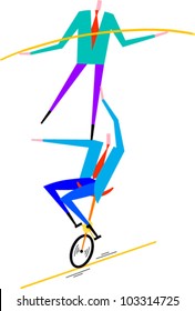 Man Balancing On Shoulder Of Man On Unicycle On Tightrope