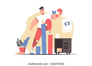 Man balancing own money income vector illustration. Guy plan personal income flat style. Budget management, money savings, economy and finance concept. Isolated on white background