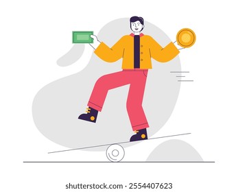 Man is balancing saving and investment, economic strategy in today's era. Character design. Vector flat illustration