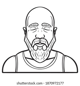man with bald head and beard. closed eye, comic, avatar, outline, monochrome.