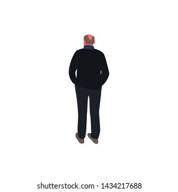 a man with a bald head in demi-season clothing stands with his back