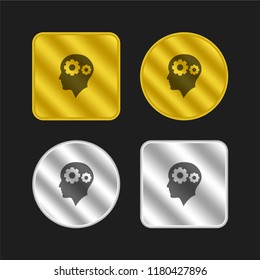 Man bald head with two gears inside gold and silver metallic coin logo icon design
