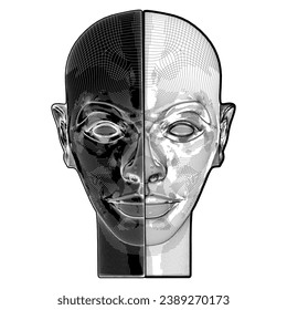 Man With Bald Head Vector 01. Male Head Divided Into Two Parts Black And White. Split Male Head. Decor Statuette Figurine. Illustration Isolated On White Background. A vector illustration Of A Head.