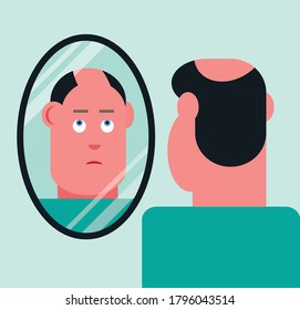 Man With Bald Patch And Thinning Hair Looking At Hair Loss In Mirror